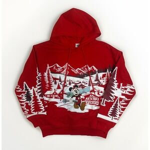 Disney Mickey Mouse Hoodie Sweatshirt Mens Medium Red Winter Holiday Ski Village